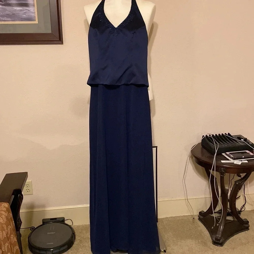 Alfred Angelo Navy Halter Beadwork Maid of Honor Prom Dress - Picture 11 of 15
